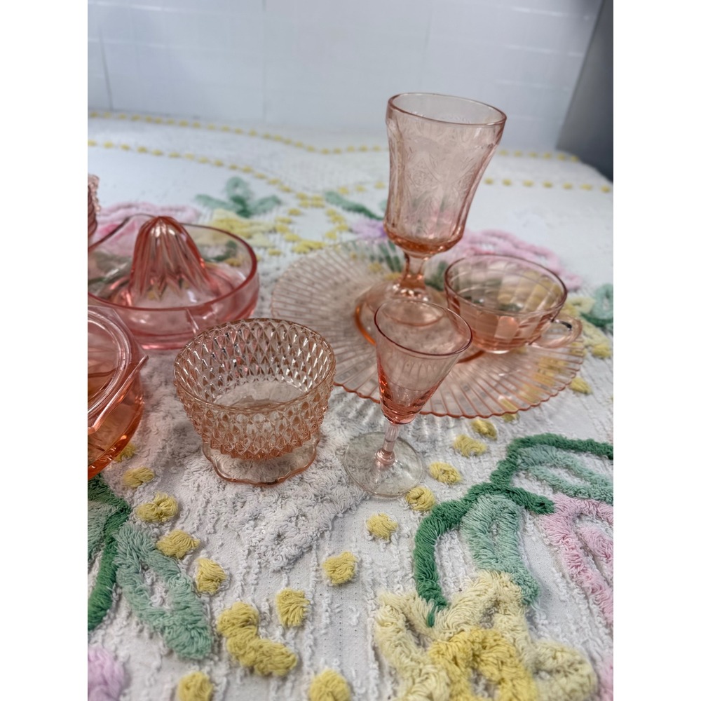 Vintage Pink Depression Glass Set Gilbert Clock Sunkist Juicer Candy Dish 13 pc - Picture 2 of 16